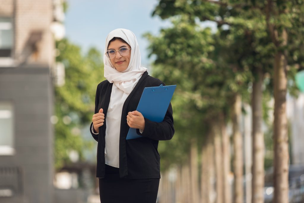 serious beautiful muslim successful businesswoman portrait